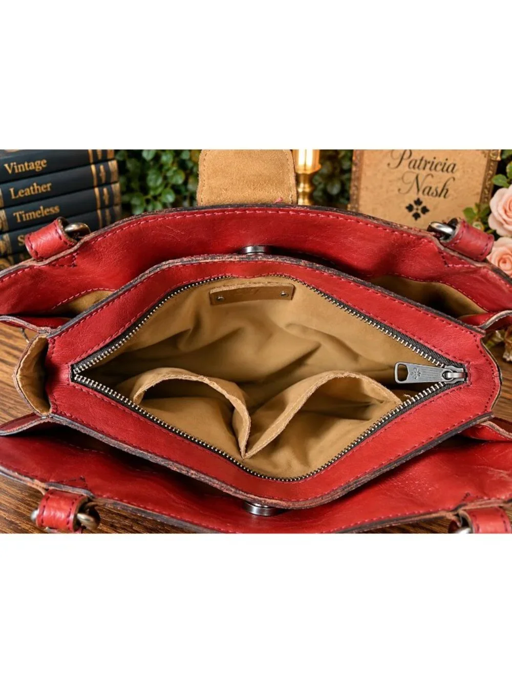 Patricia Nash Rienzo Satchel Rose Tooled Red Ochre Leather Tassel Handbag Purse
